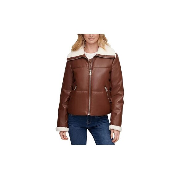 LEVI’S FAUX BROWN LEATHER QUILTED JACKET CREAM SHERPA LINING XS | LW9RU107 - Picture 1 of 8